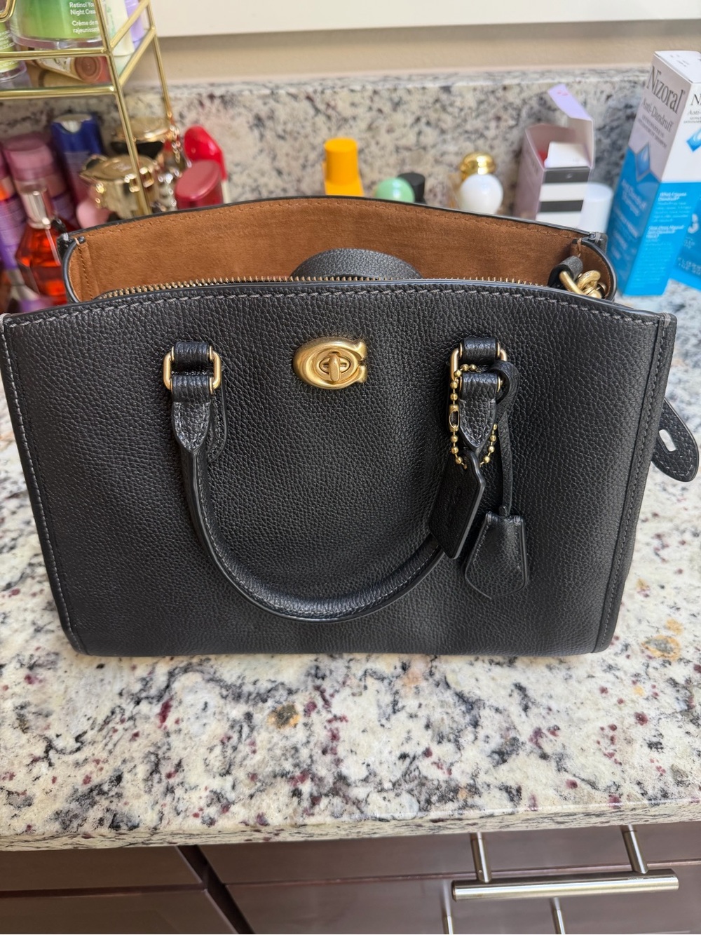 Coach Brook Carryall Black Leather Satchel with Gold Hardware